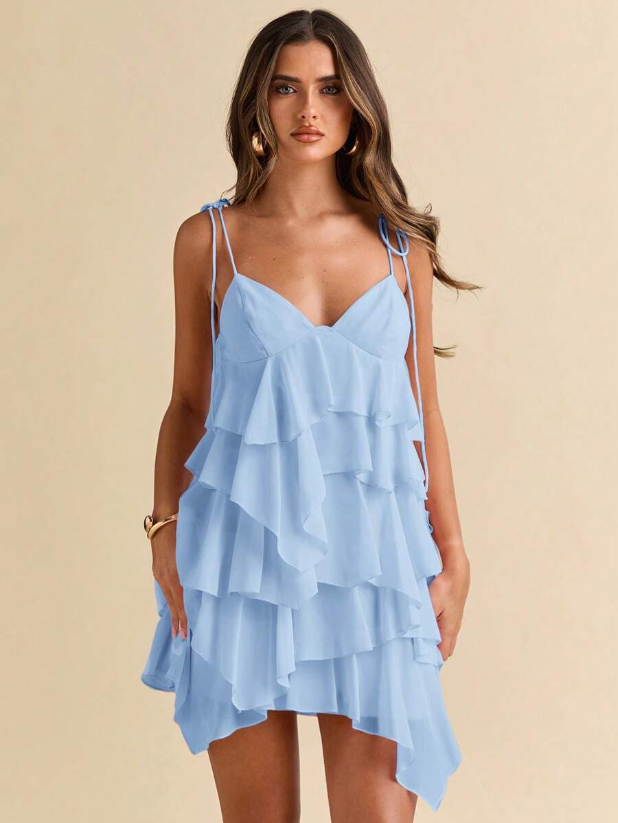 Elegant A-Line V-Neck Tiered Ruffled Chiffon Light Blue Short Homecoming Dresses
