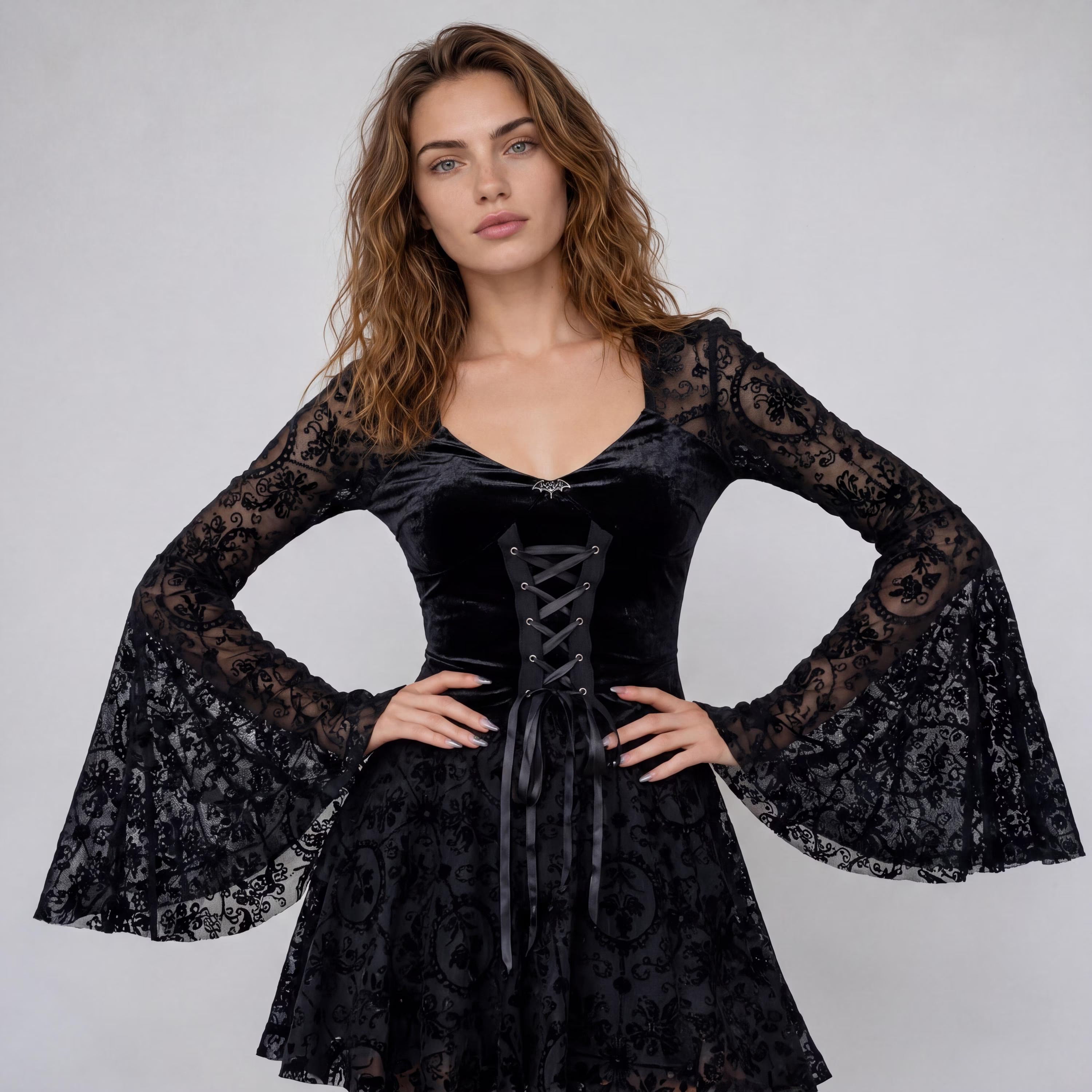 Elegant A-Line V Neck Long Sleeve Corset Lace Black Mini Homecoming Dresses