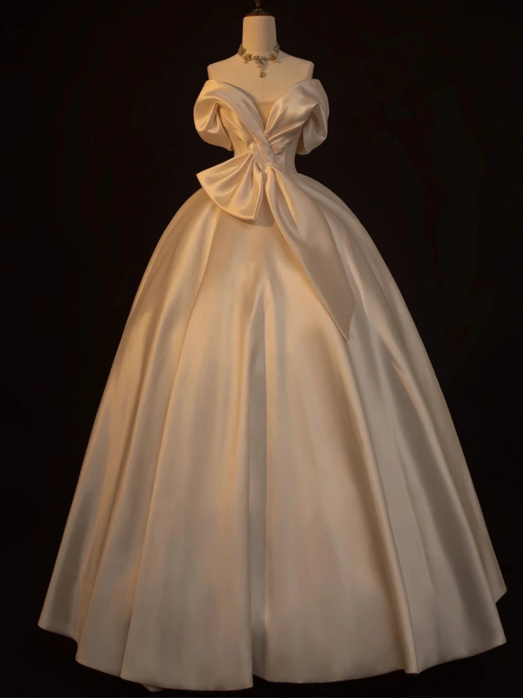 Elegant Ball Gown Off-Shoulder Short Sleeves Draped Bow Champagne Floor-Length Wedding Dress