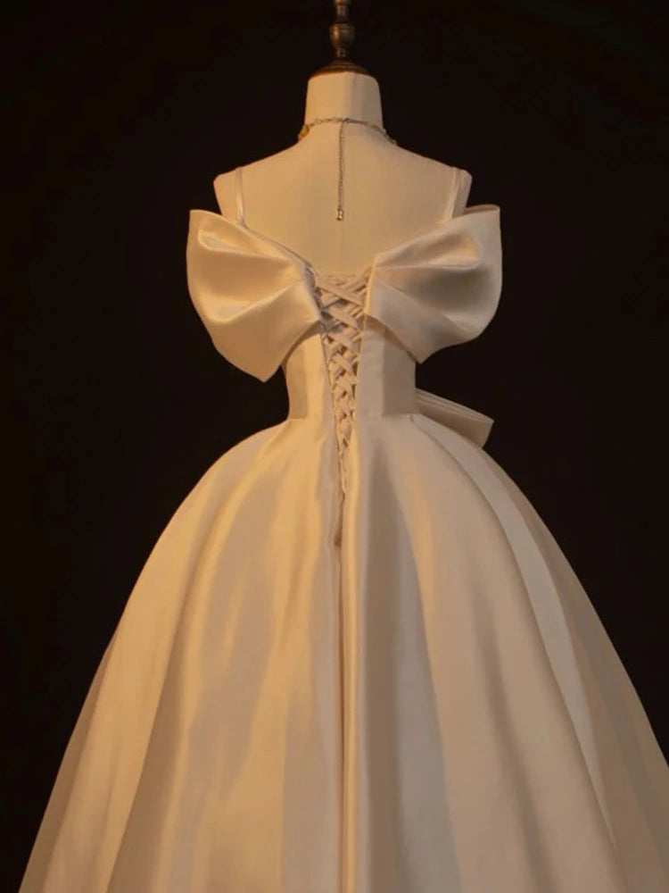 Elegant Ball Gown Off-Shoulder Short Sleeves Draped Bow Champagne Floor-Length Wedding Dress