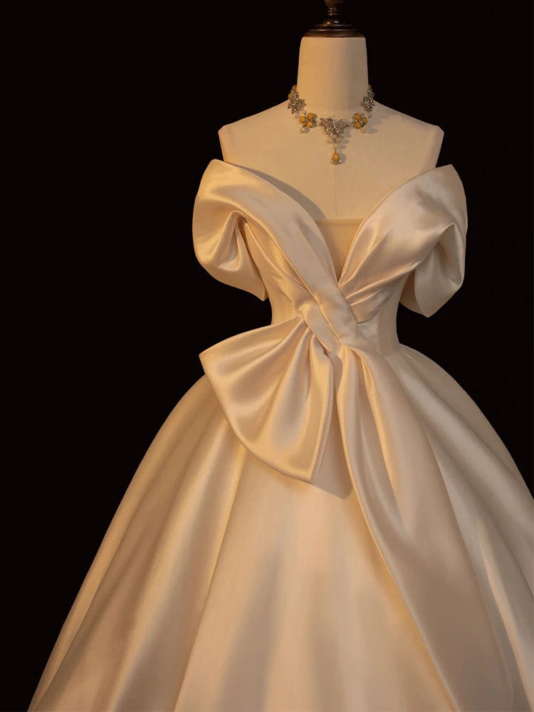 Elegant Ball Gown Off-Shoulder Short Sleeves Draped Bow Champagne Floor-Length Wedding Dress