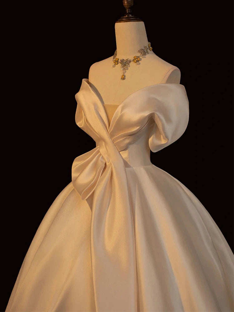 Elegant Ball Gown Off-Shoulder Short Sleeves Draped Bow Champagne Floor-Length Wedding Dress