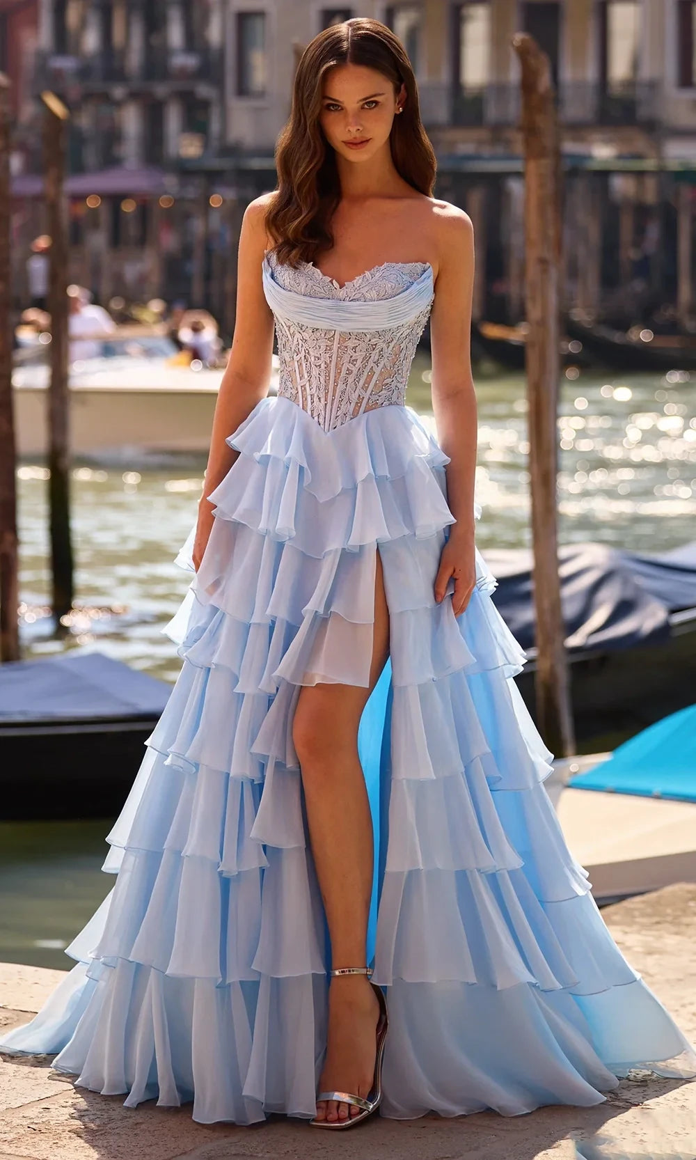 Elegant Ballgown Sweetheart Tiered Ruffle High Slit Chiffon Light Blue Floor-Length Prom Dress
