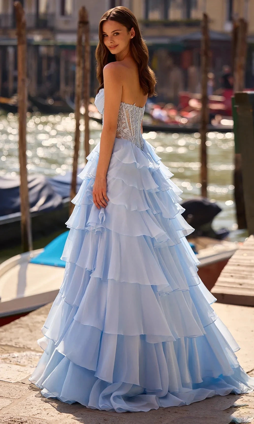 Elegant Ballgown Sweetheart Tiered Ruffle High Slit Chiffon Light Blue Floor-Length Prom Dress