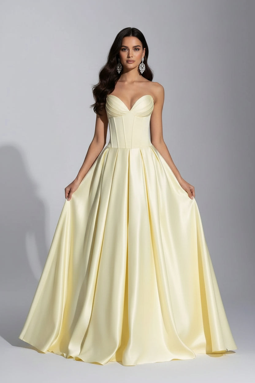 Elegant Classic A-Line Sweetheart Corset Pleated Light Yellow Floor-Length Prom Dress