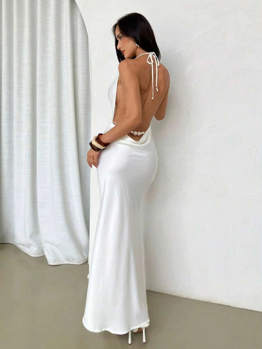Elegant Mermaid Cowl Halter Backless Pearl White Floor-Length Prom Dress
