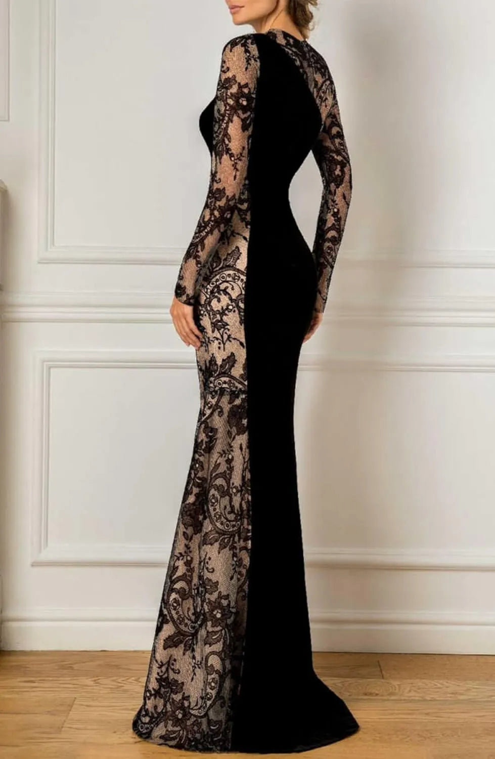 Elegant Mermaid Crew-Neck Long Sleeve Lace Paneled Black Floor-Length Evening Dress For Women