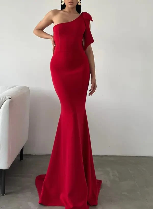 Elegant Mermaid One-Shoulder Bow Corset Sleek Red Floor-Length Prom Dresses