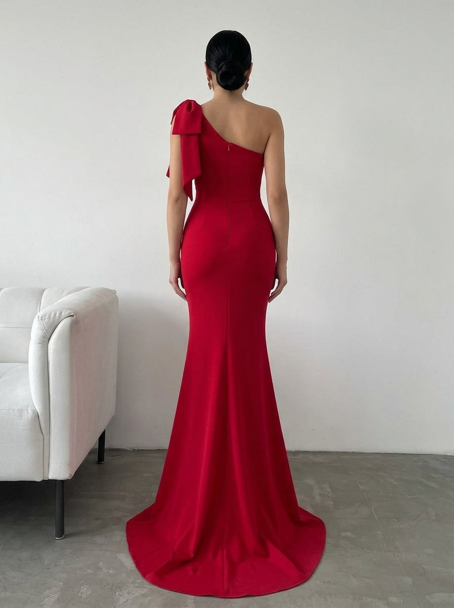 Elegant Mermaid One-Shoulder Bow Corset Sleek Red Floor-Length Prom Dresses
