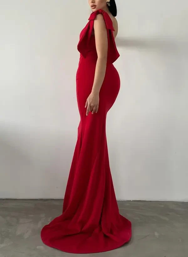 Elegant Mermaid One-Shoulder Bow Corset Sleek Red Floor-Length Prom Dresses