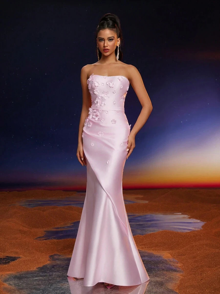 Elegant Mermaid Strapless 3D Floral Applique Blush Pink Floor-Length Prom Dress
