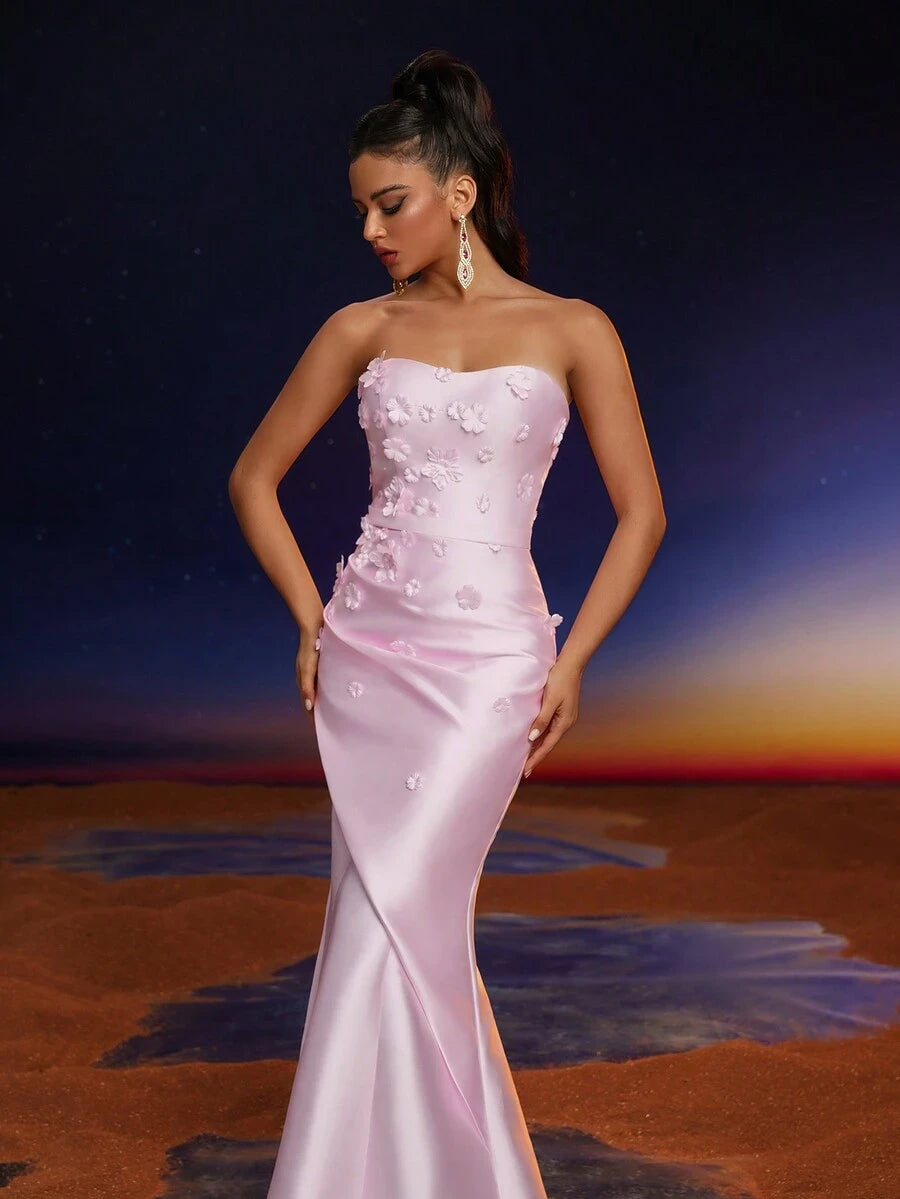 Elegant Mermaid Strapless 3D Floral Applique Blush Pink Floor-Length Prom Dress