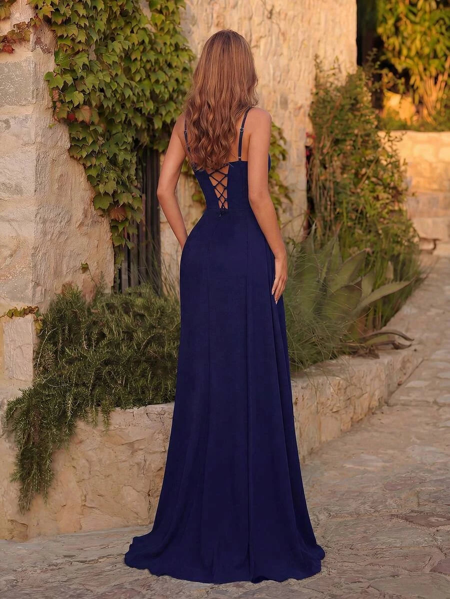 Elegant Mermaid Sweetheart Beaded High-Slit Navy Blue Floor-Length Prom Dress