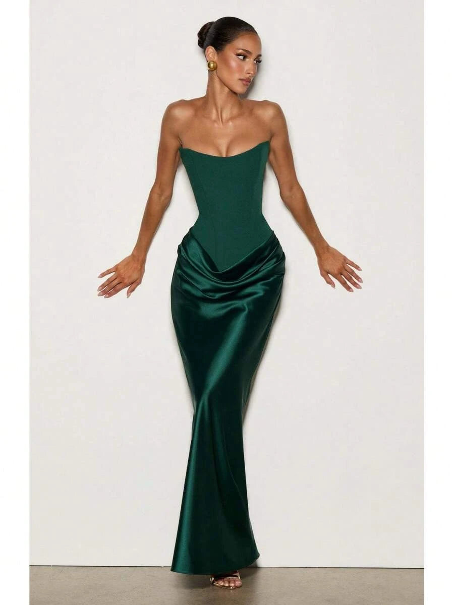 Elegant Mermaid Sweetheart Corset Draped Satin Emerald Green Floor-Length Prom Dress