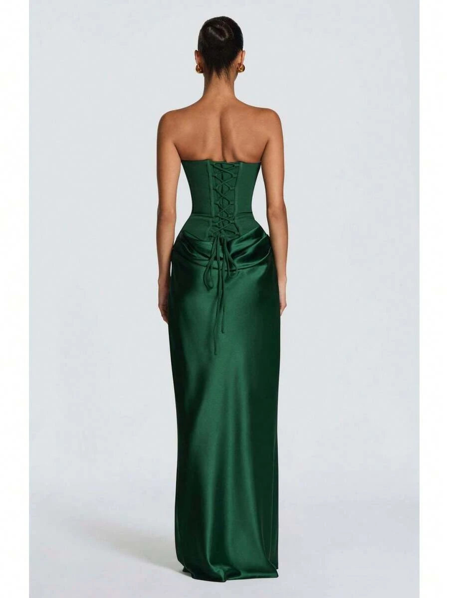 Elegant Mermaid Sweetheart Corset Draped Satin Emerald Green Floor-Length Prom Dress