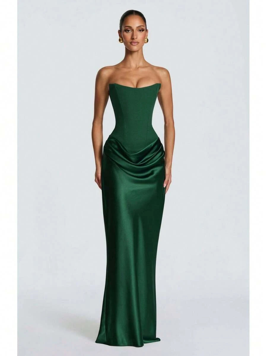 Elegant Mermaid Sweetheart Corset Draped Satin Emerald Green Floor-Length Prom Dress