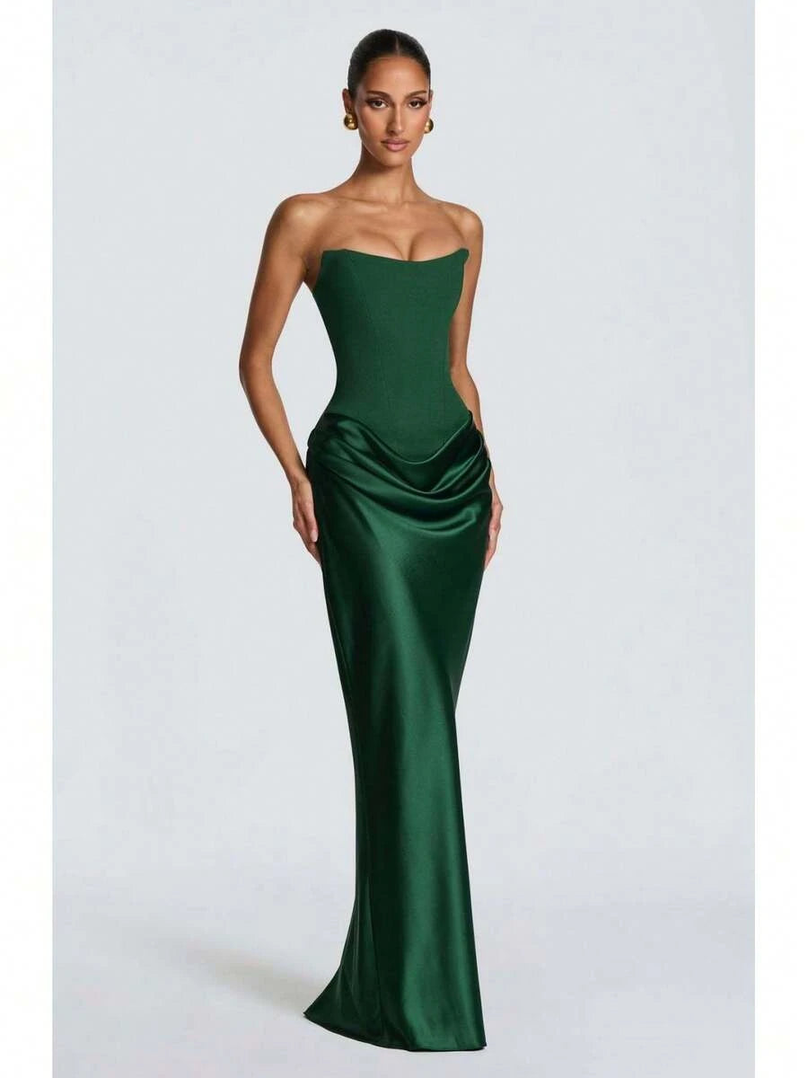 Elegant Mermaid Sweetheart Corset Draped Satin Emerald Green Floor-Length Prom Dress
