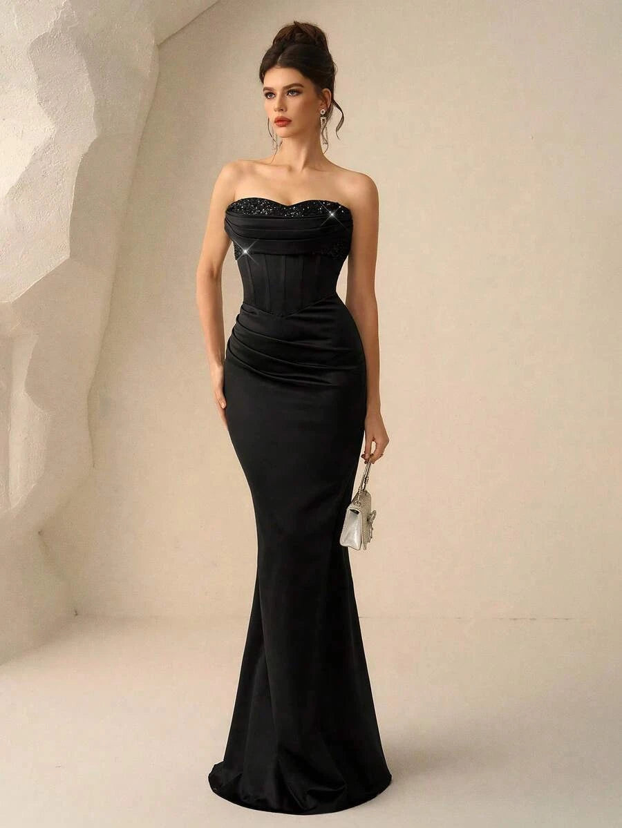 Elegant Mermaid Sweetheart Corset Sequin Ruched Satin Black Floor-Length Prom Dress