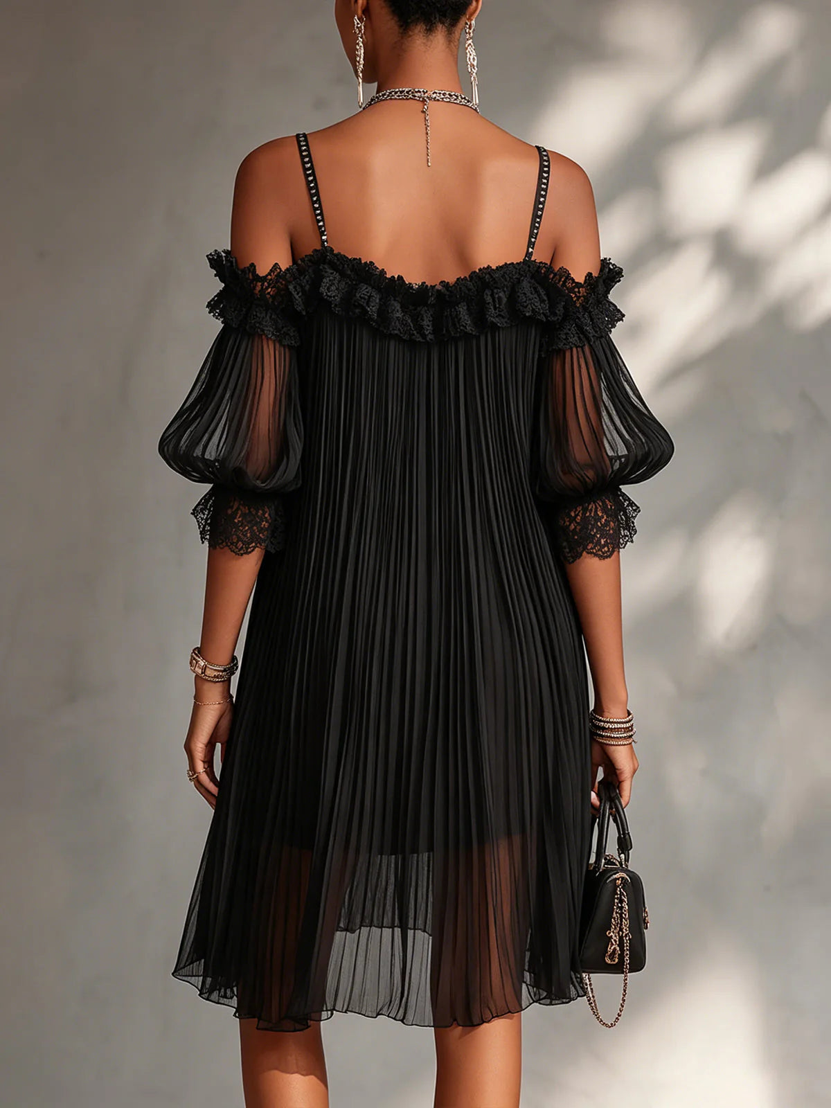 Elegant Off-Shoulder Ruffled Pleated Lace Trim Black Mini Homecoming Dresses