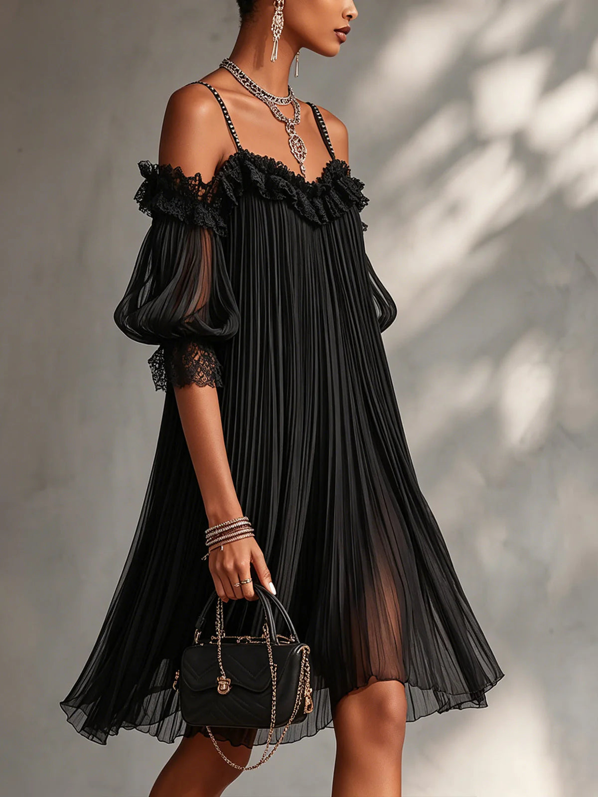 Elegant Off-Shoulder Ruffled Pleated Lace Trim Black Mini Homecoming Dresses