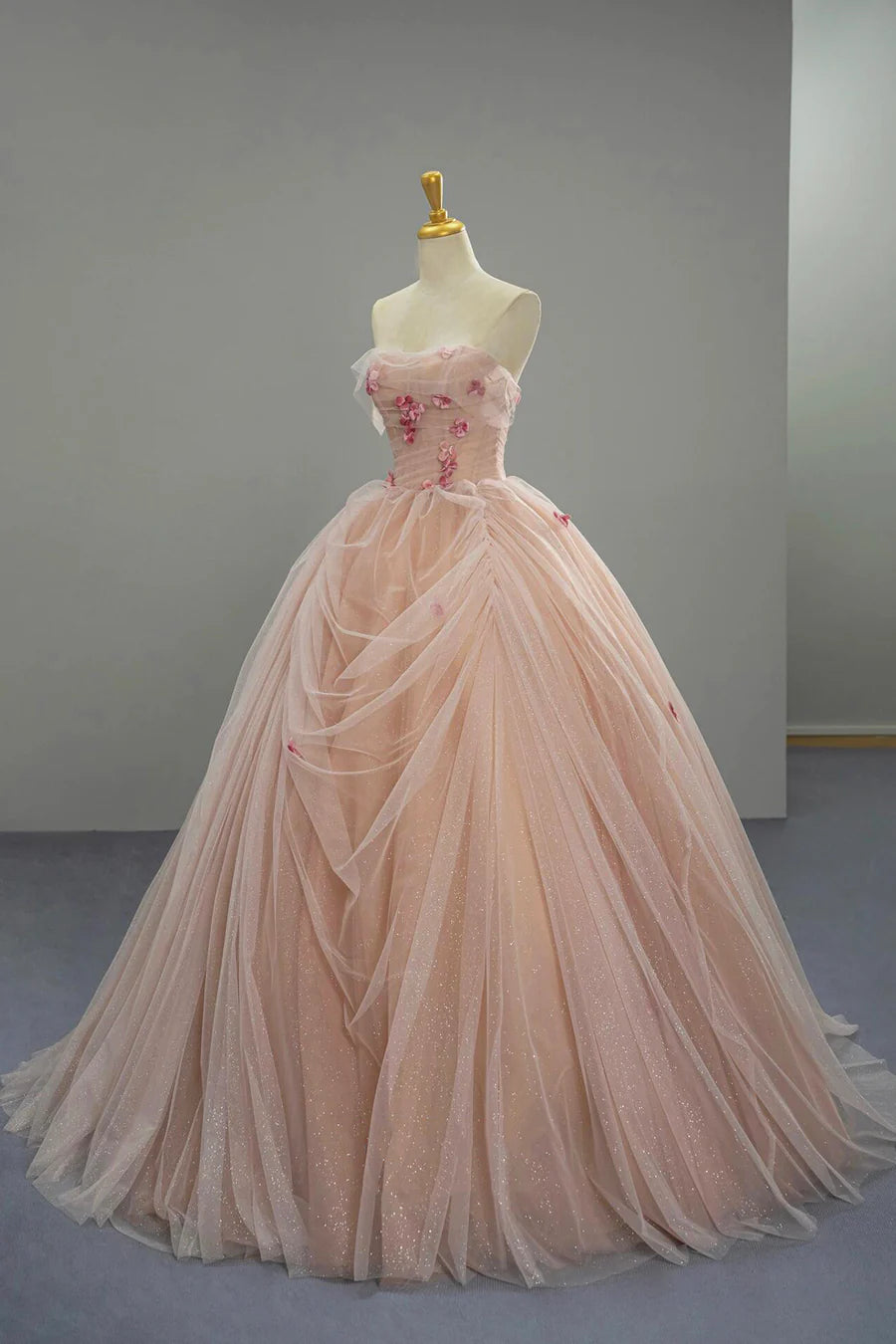 Elegant Pink Tulle Strapless A-Line Long Evening Formal Dress Wedding Dresses