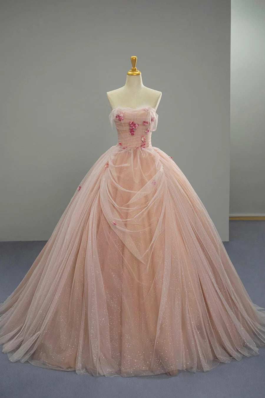 Elegant Pink Tulle Strapless A-Line Long Evening Formal Dress Wedding Dresses