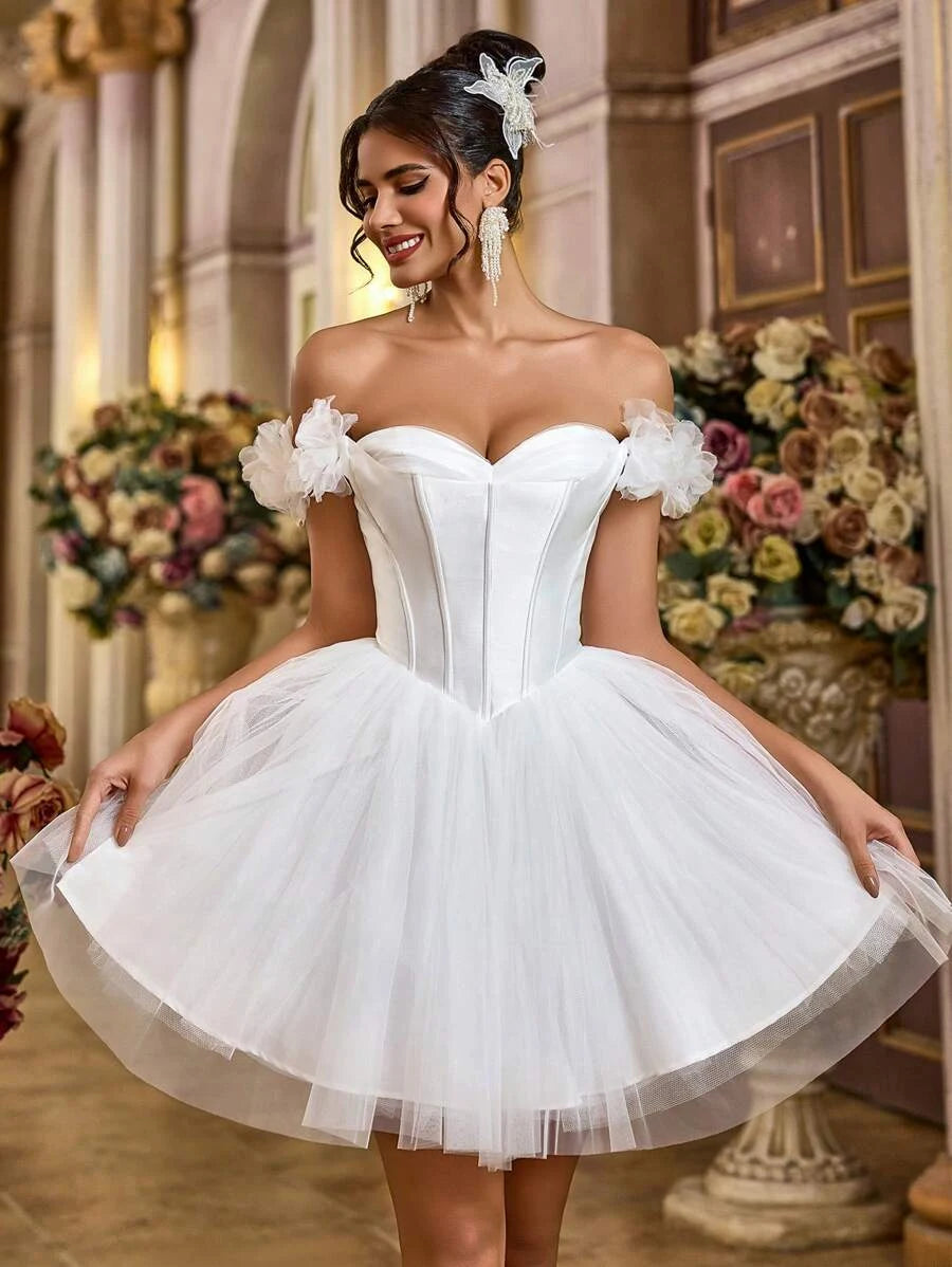 Elegant Princess Off-Shoulder Corset Layered Tulle Satin White Short Homecoming Dress
