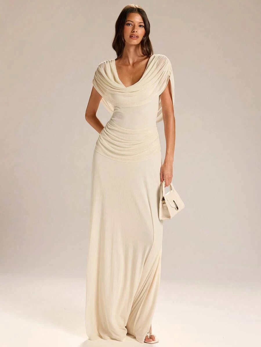 Elegant Sheath Cowl Neck Draped Ruched Slit Cream Floor-Length Prom Dress