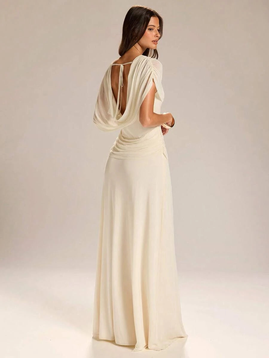 Elegant Sheath Cowl Neck Draped Ruched Slit Cream Floor-Length Prom Dress