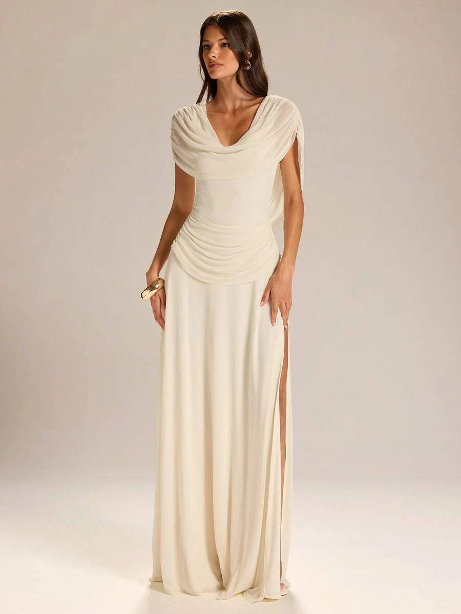 Elegant Sheath Cowl Neck Draped Ruched Slit Cream Floor-Length Prom Dress