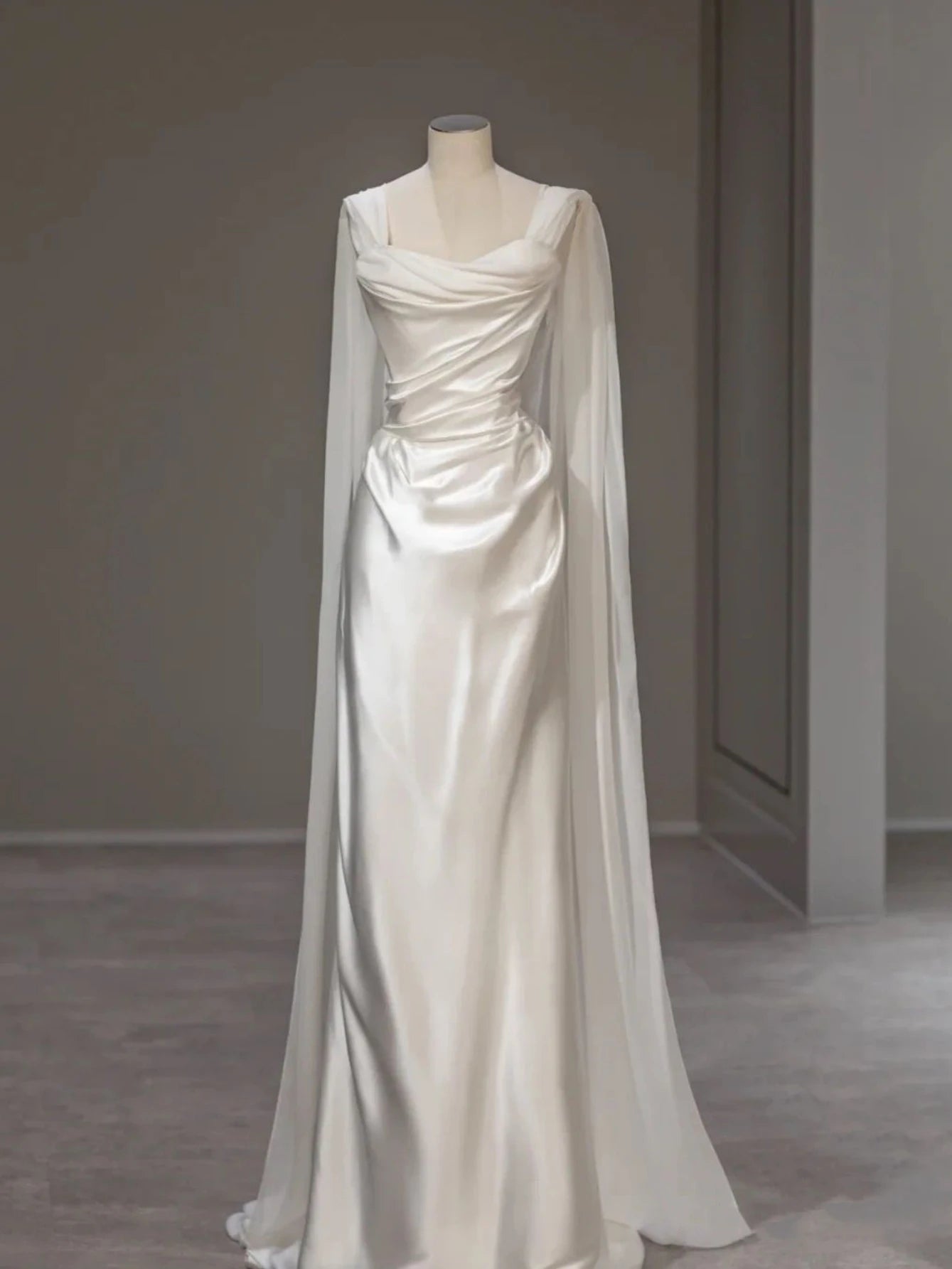 Elegant Sheath Cowl Neck Flowy Satin Ivory Floor-Length Wedding Dress With Cape