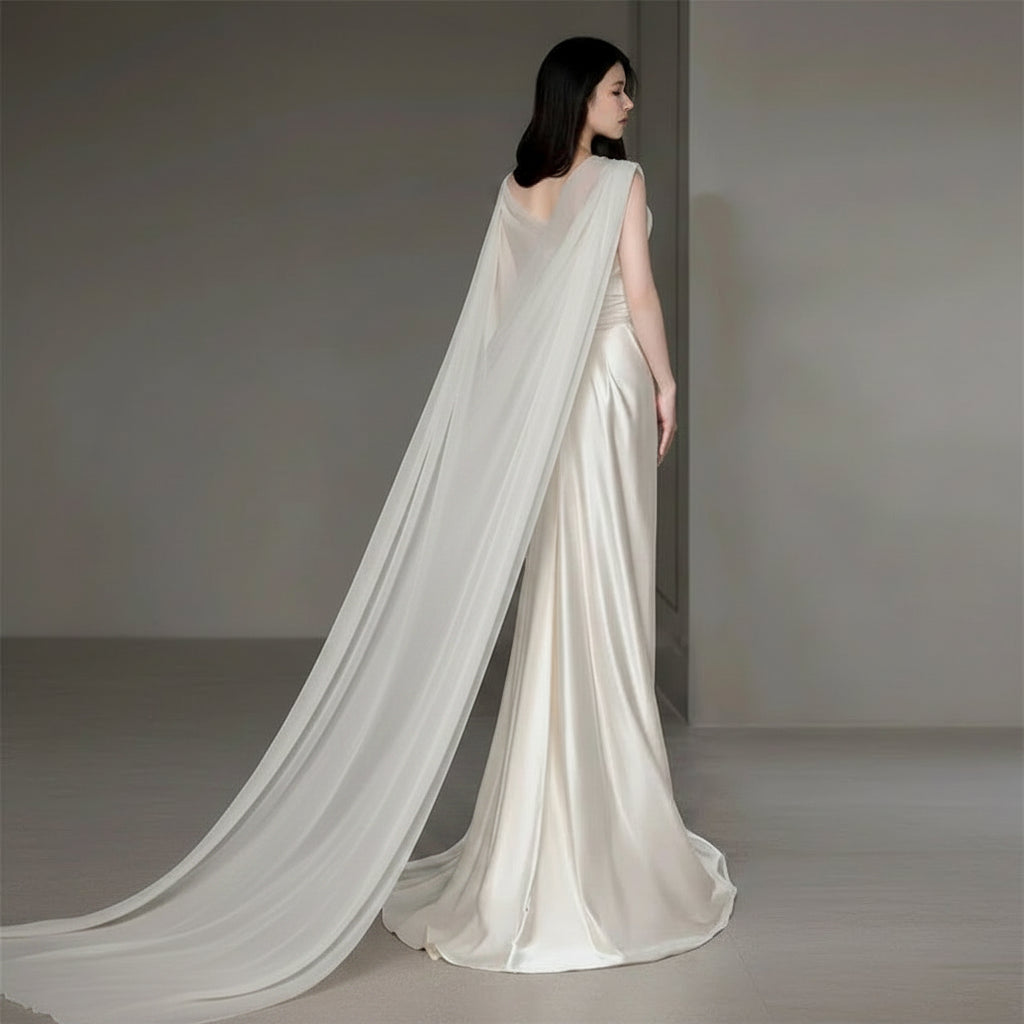 Elegant Sheath Cowl Neck Flowy Satin Ivory Floor-Length Wedding Dress With Cape