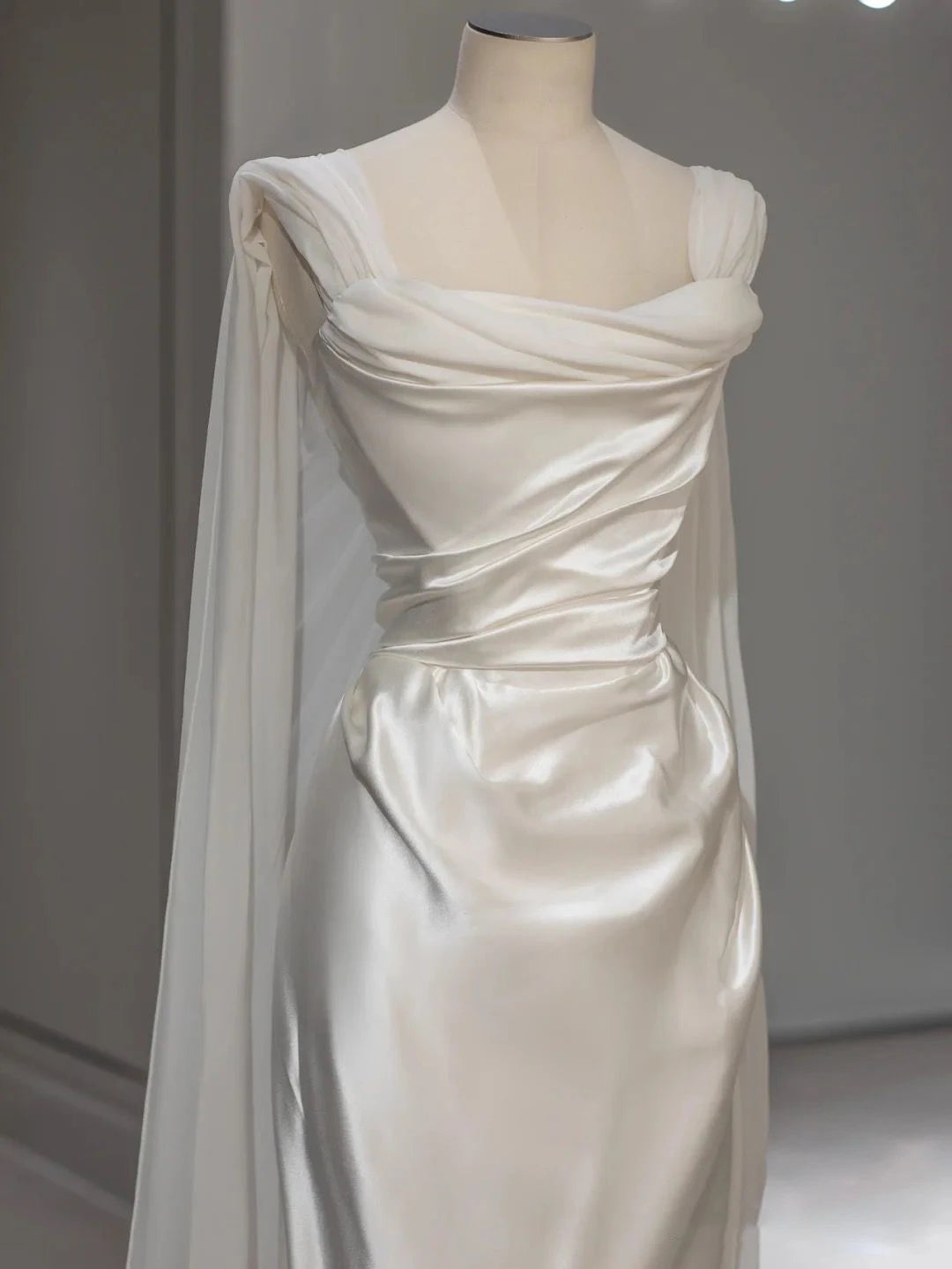 Elegant Sheath Cowl Neck Flowy Satin Ivory Floor-Length Wedding Dress With Cape