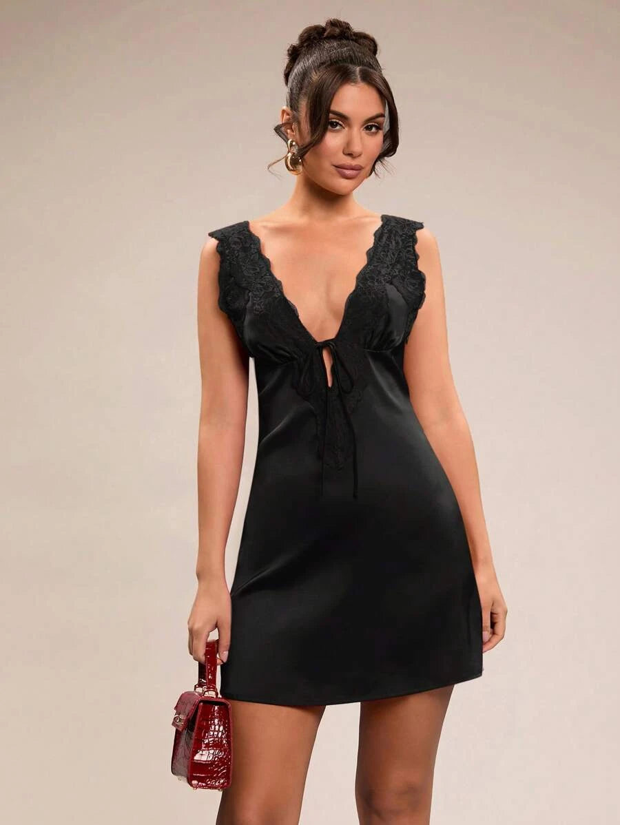 Elegant Sheath Deep V-Neck Lace Trim Tie Front Satin Black Mini Homecoming Dress