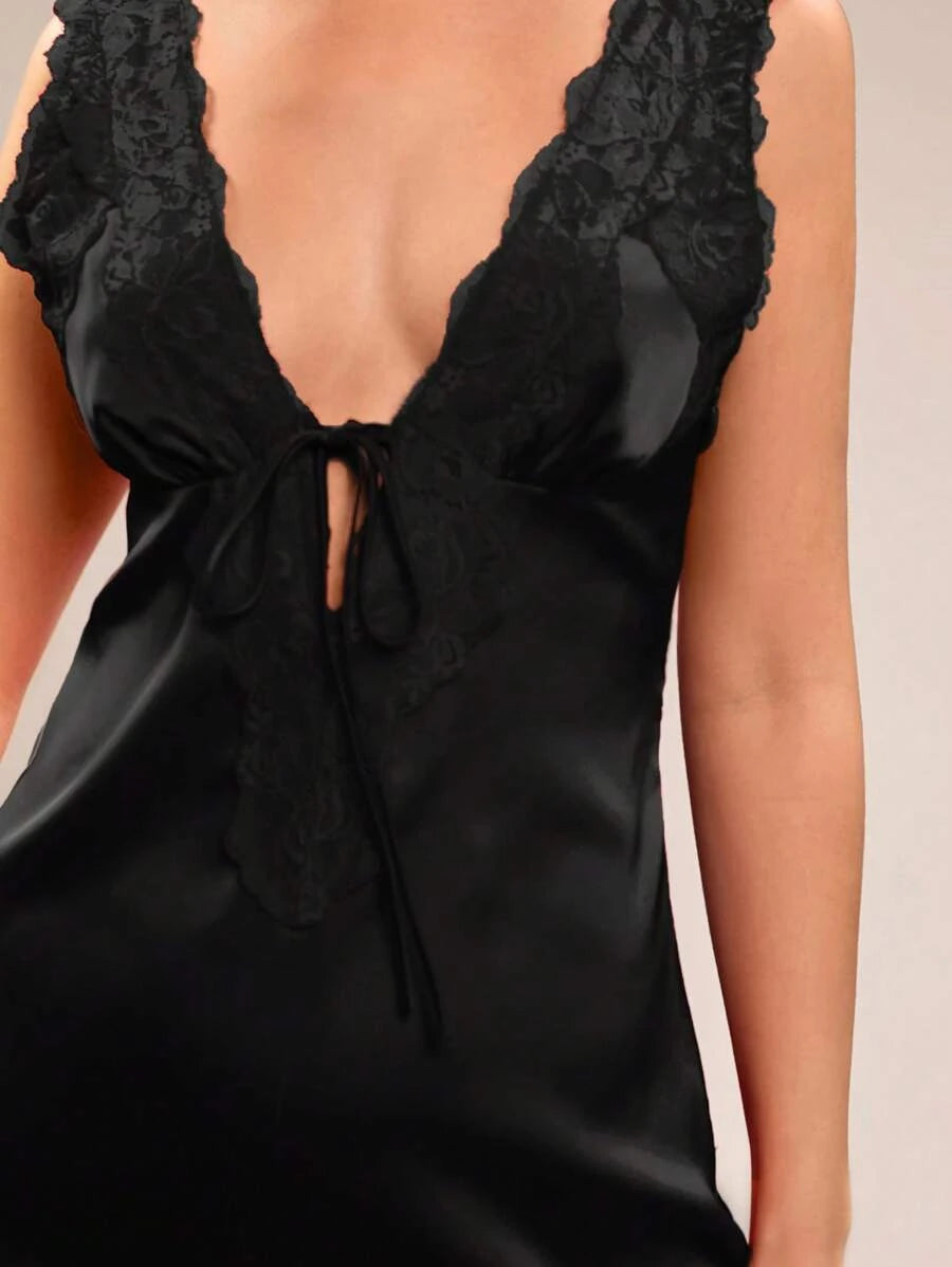 Elegant Sheath Deep V-Neck Lace Trim Tie Front Satin Black Mini Homecoming Dress
