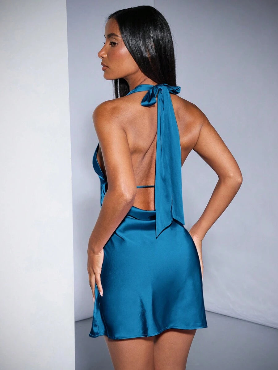 Elegant Sheath Halter Backless Satin Plunge Teal Mini Homecoming Dress For Ladies