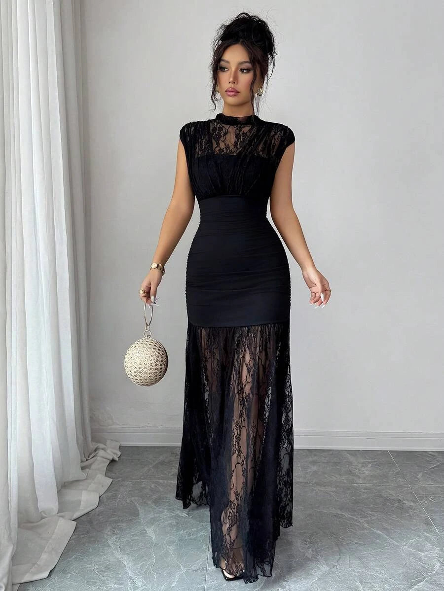 Elegant Sheath Mock Neck Cap Sleeve Lace Ruched Black Floor-Length Prom Dress