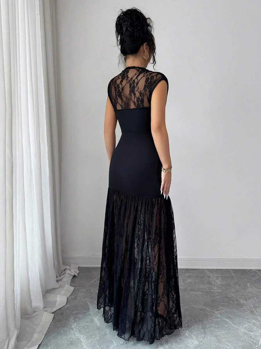 Elegant Sheath Mock Neck Cap Sleeve Lace Ruched Black Floor-Length Prom Dress
