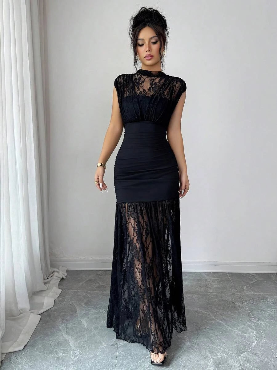 Elegant Sheath Mock Neck Cap Sleeve Lace Ruched Black Floor-Length Prom Dress