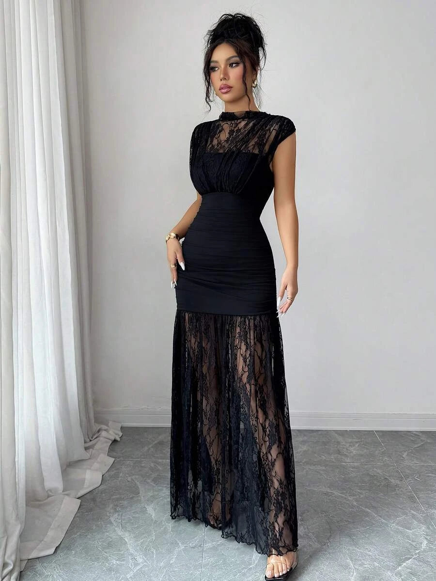 Elegant Sheath Mock Neck Cap Sleeve Lace Ruched Black Floor-Length Prom Dress