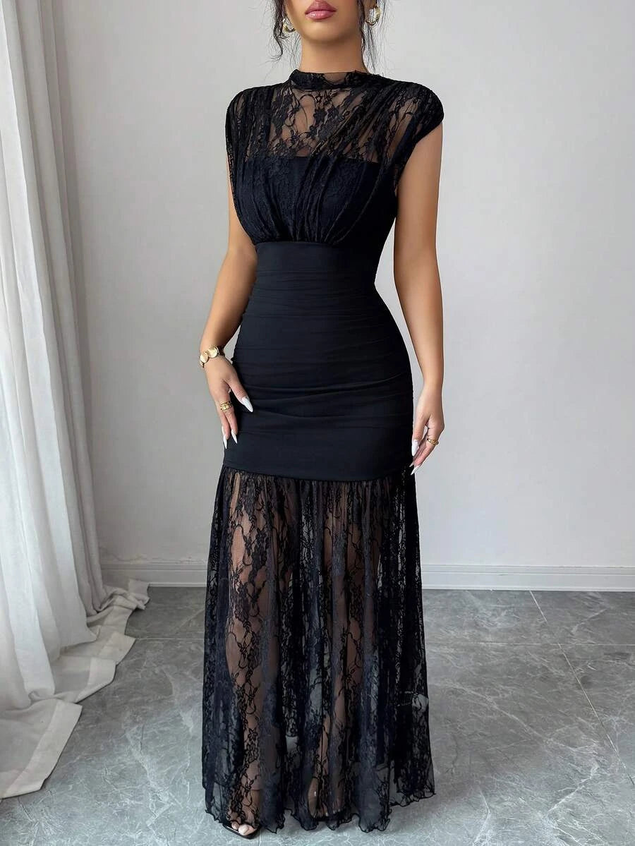 Elegant Sheath Mock Neck Cap Sleeve Lace Ruched Black Floor-Length Prom Dress