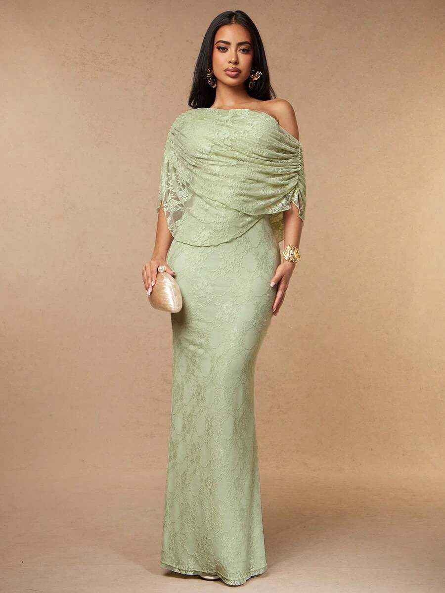 Elegant Sheath Off-Shoulder Draped Lace Sage Floor-Length Prom Dress