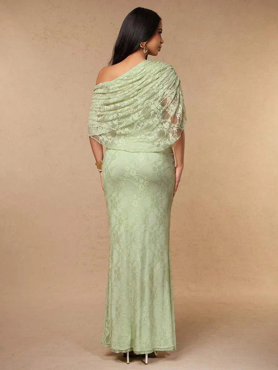 Elegant Sheath Off-Shoulder Draped Lace Sage Floor-Length Prom Dress
