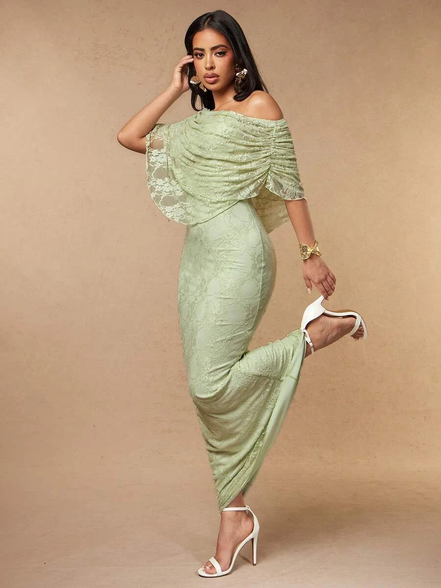 Elegant Sheath Off-Shoulder Draped Lace Sage Floor-Length Prom Dress