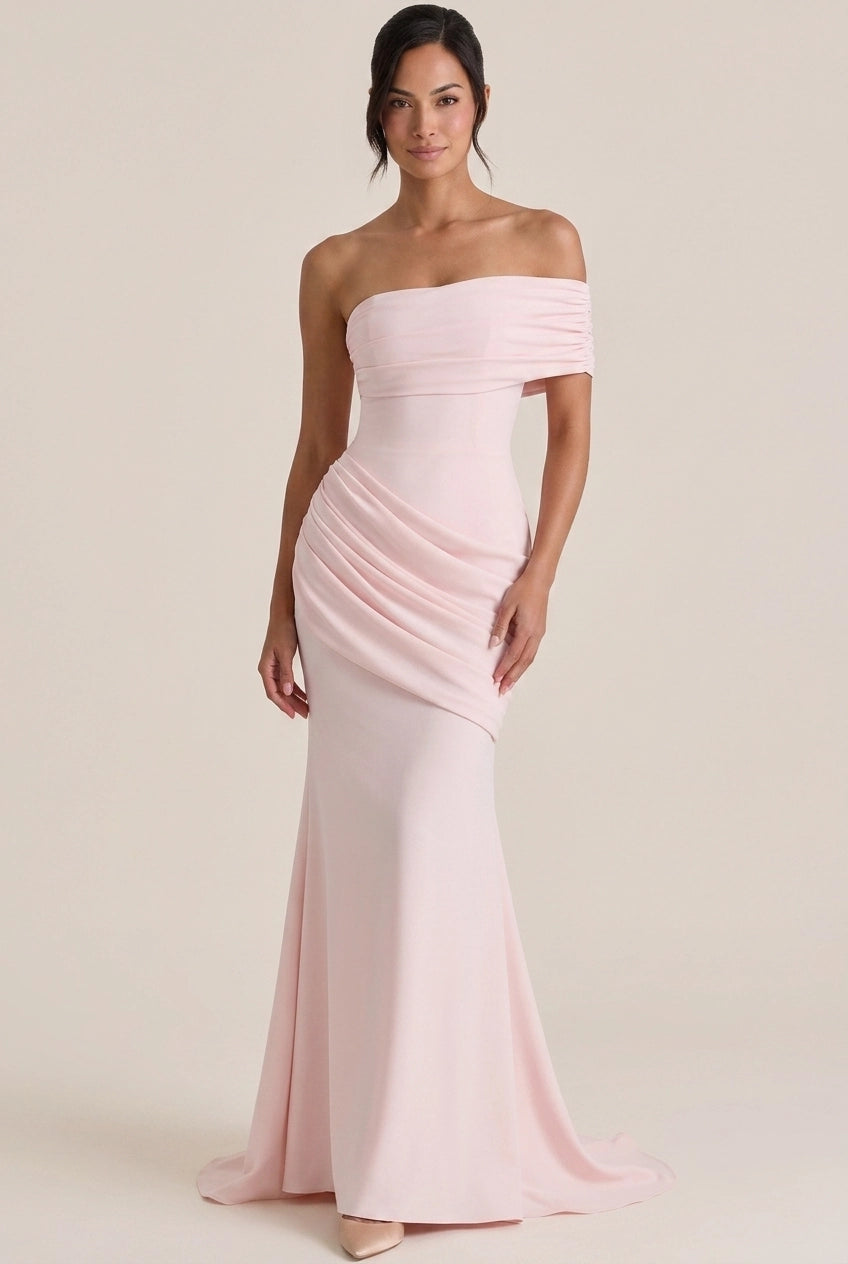 Elegant Sheath Off-Shoulder Draped Ruched Blush Pink Floor-Length Prom Dress