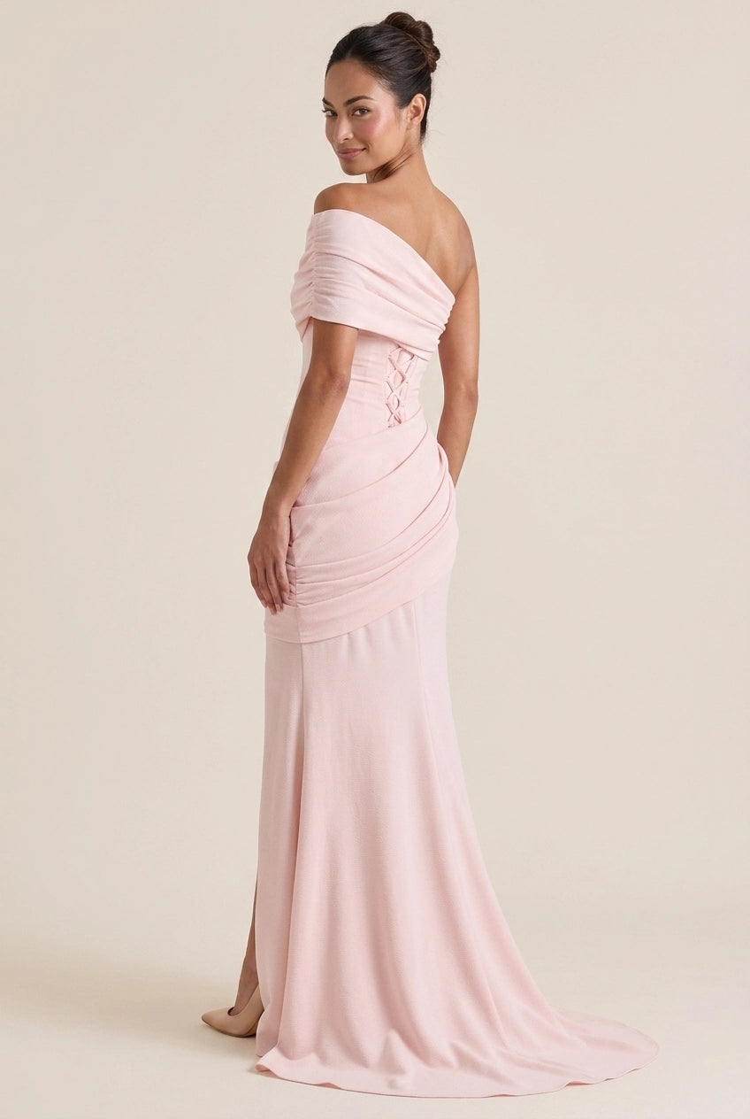 Elegant Sheath Off-Shoulder Draped Ruched Blush Pink Floor-Length Prom Dress