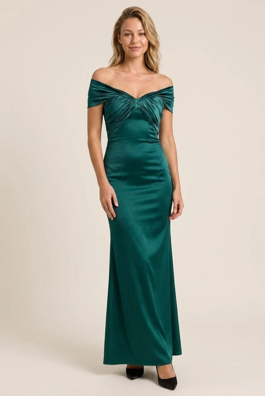 Elegant Sheath Off-Shoulder Ruched Draped Emerald Green Floor-Length Prom Dress