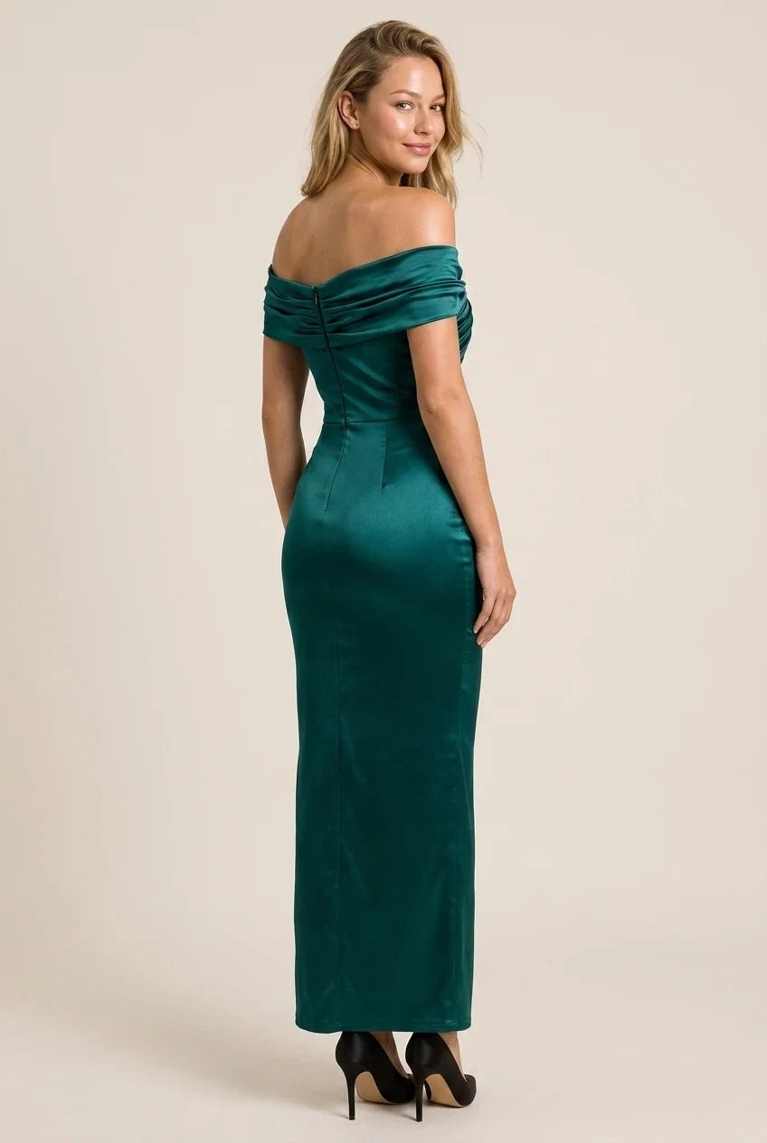 Elegant Sheath Off-Shoulder Ruched Draped Emerald Green Floor-Length Prom Dress