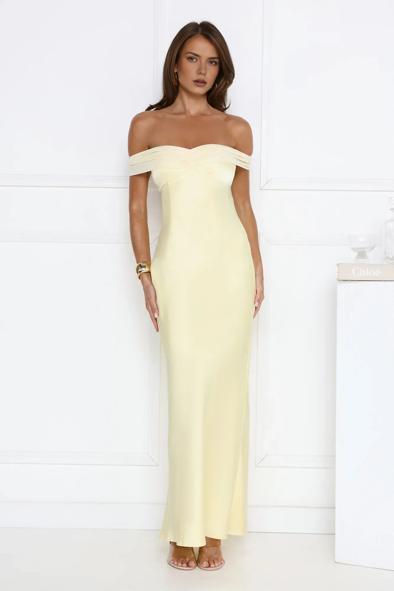 Elegant Sheath Off-Shoulder Ruched Satin Light Yellow Floor-Length Prom Dress With Tie