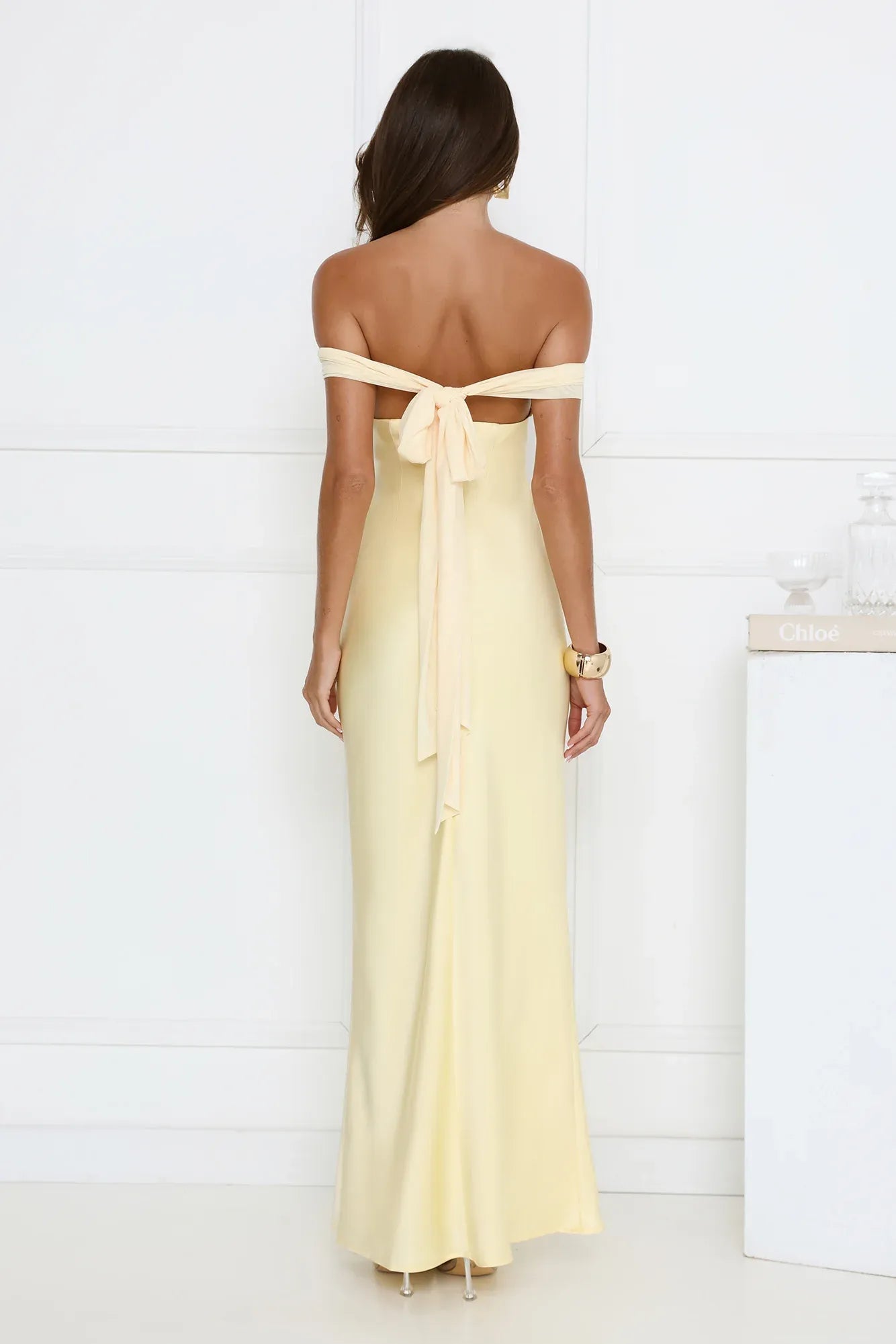 Elegant Sheath Off-Shoulder Ruched Satin Light Yellow Floor-Length Prom Dress With Tie